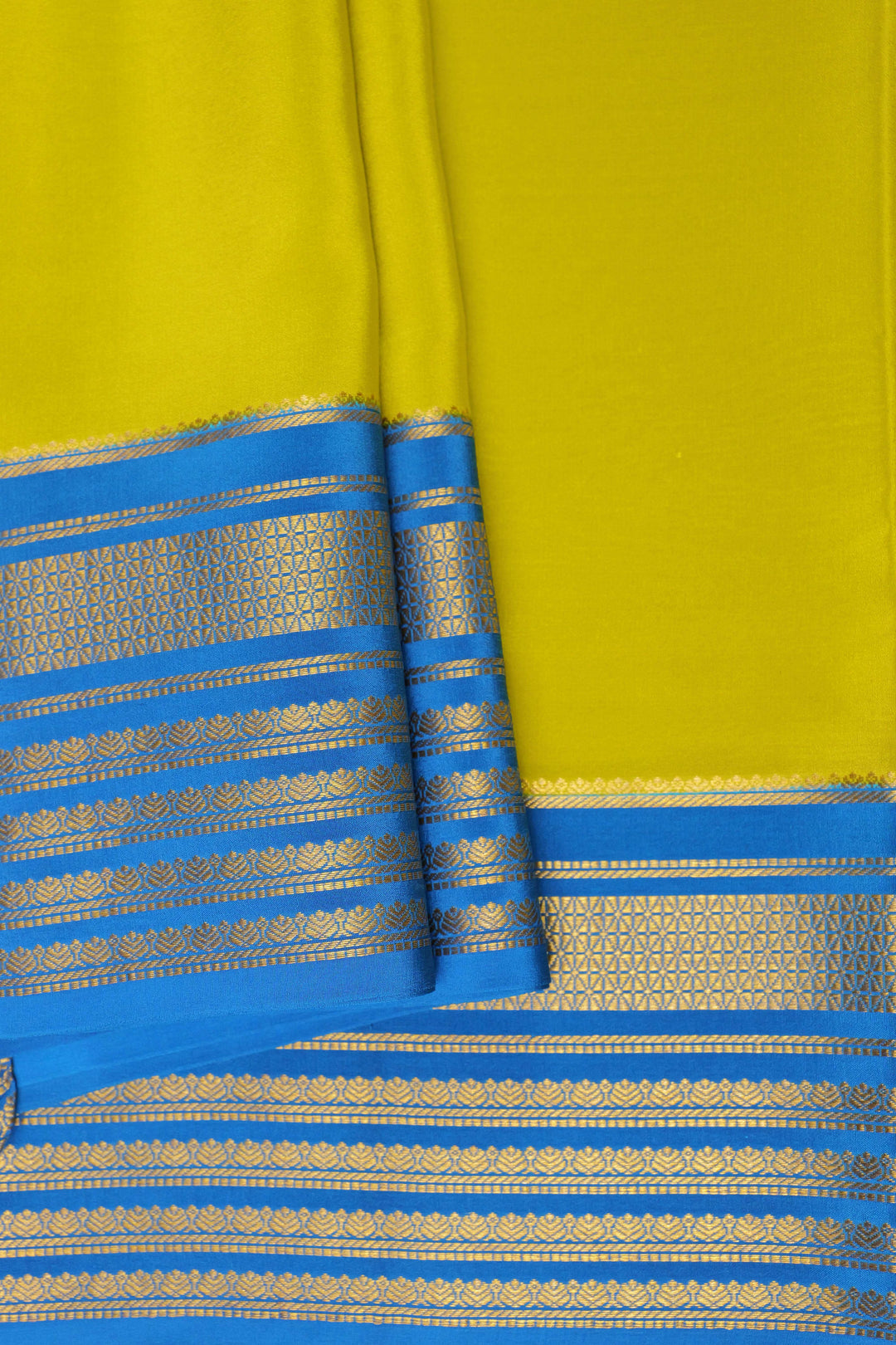 Big border Pure Gold Lace Mysore Silk Saree in Green and Blue Color with Contrast Blouse