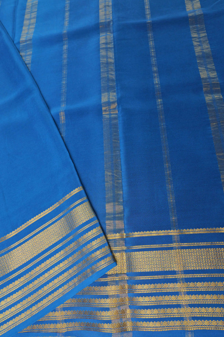Big border Pure Gold Lace Mysore Silk Saree in Green and Blue Color with Contrast Blouse