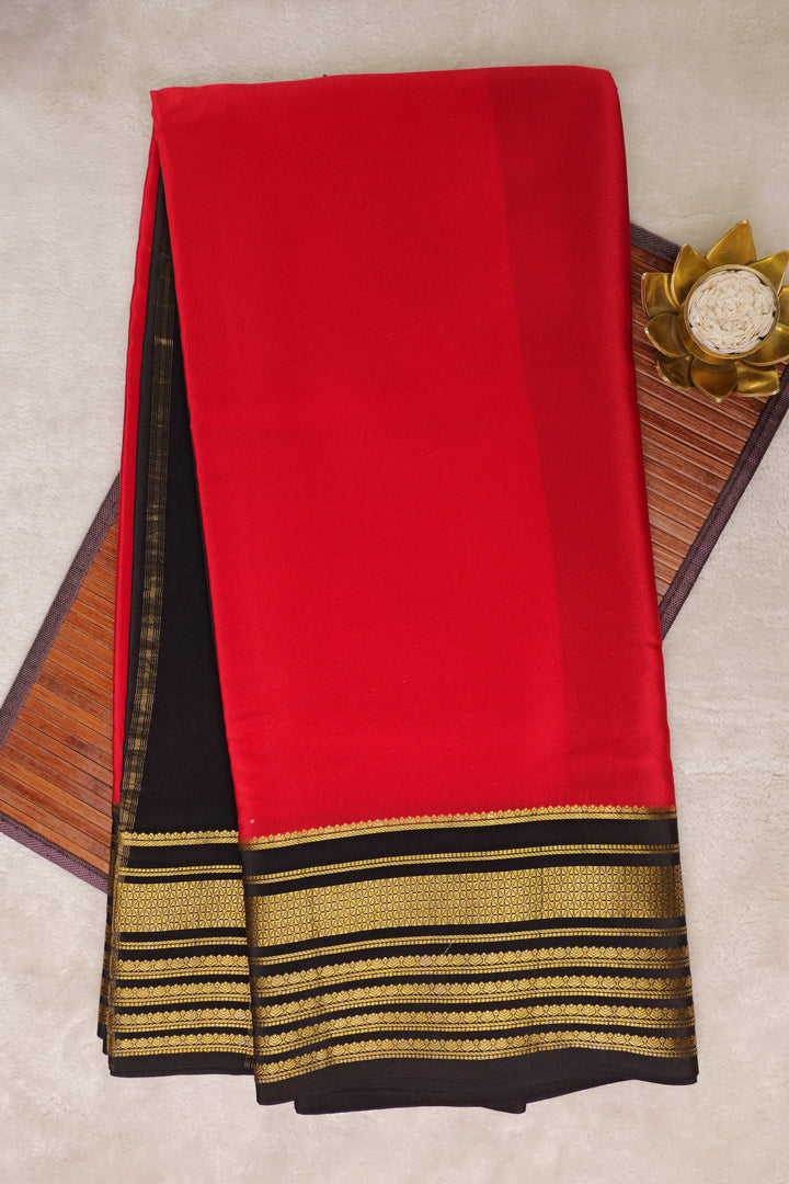 Lines Border Pure Gold Lace Mysore Silk Saree in Red and Black with Contrast Blouse