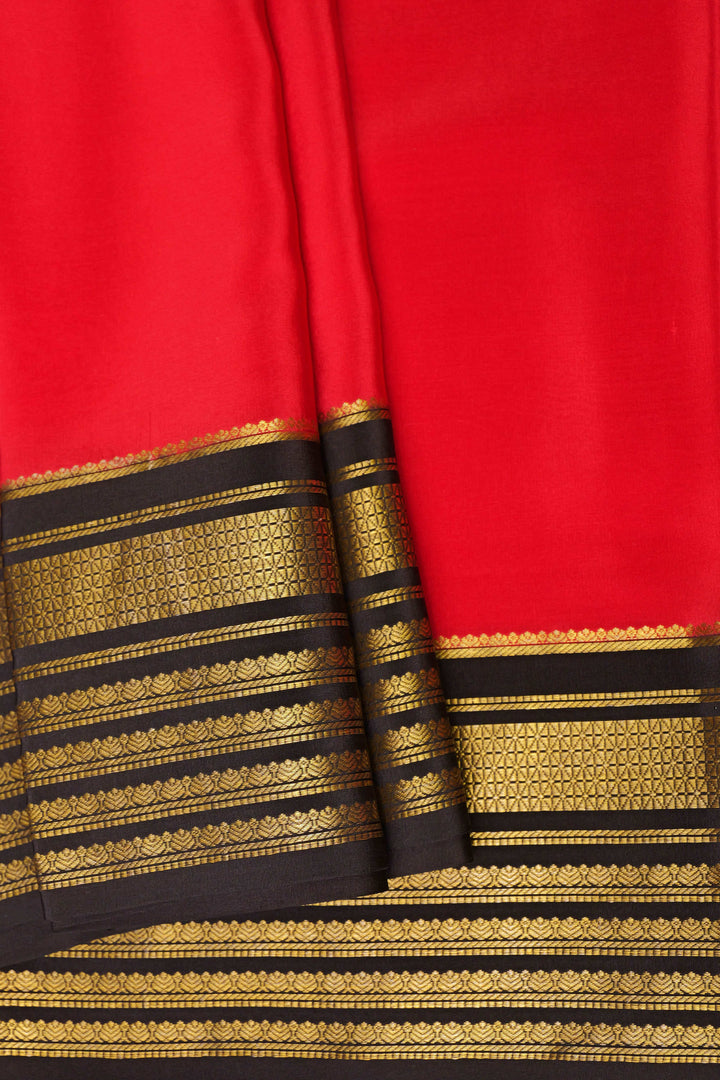 Lines Border Pure Gold Lace Mysore Silk Saree in Red and Black with Contrast Blouse