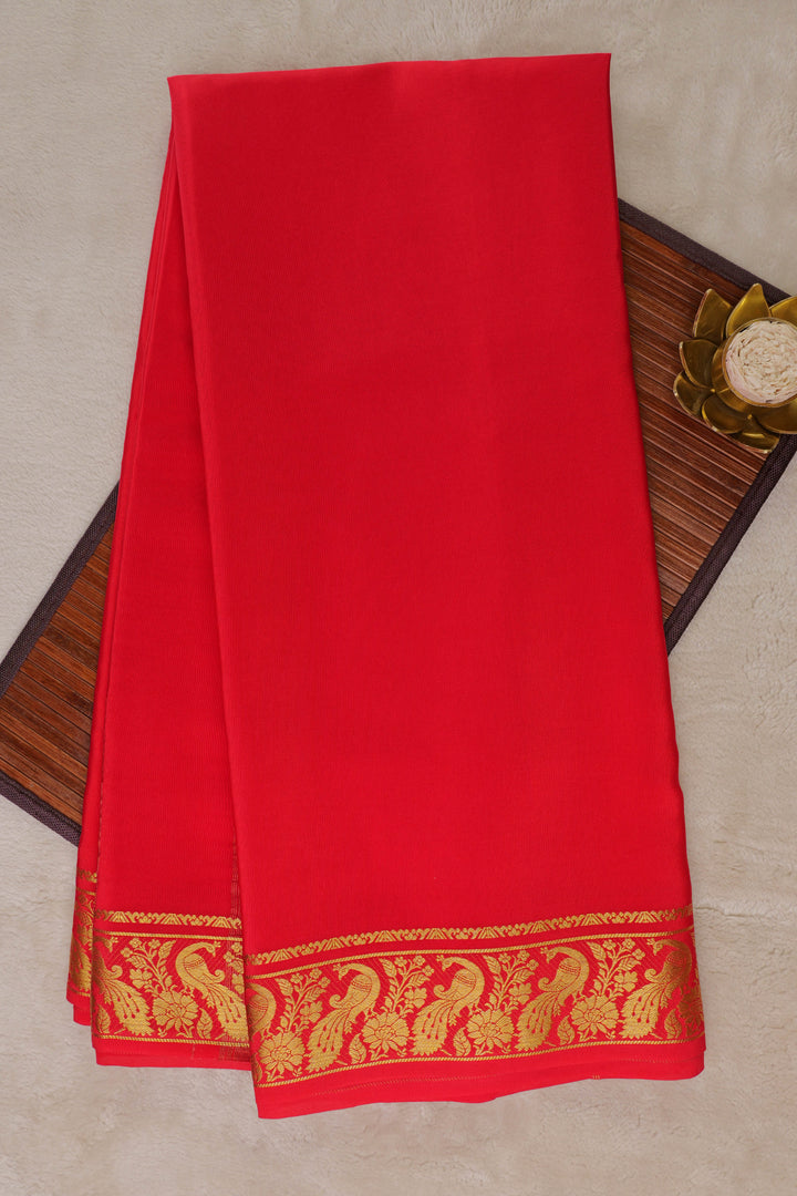 Red Color Pure Gold Lace Mysore silk saree with Peacock gold border with self Blouse
