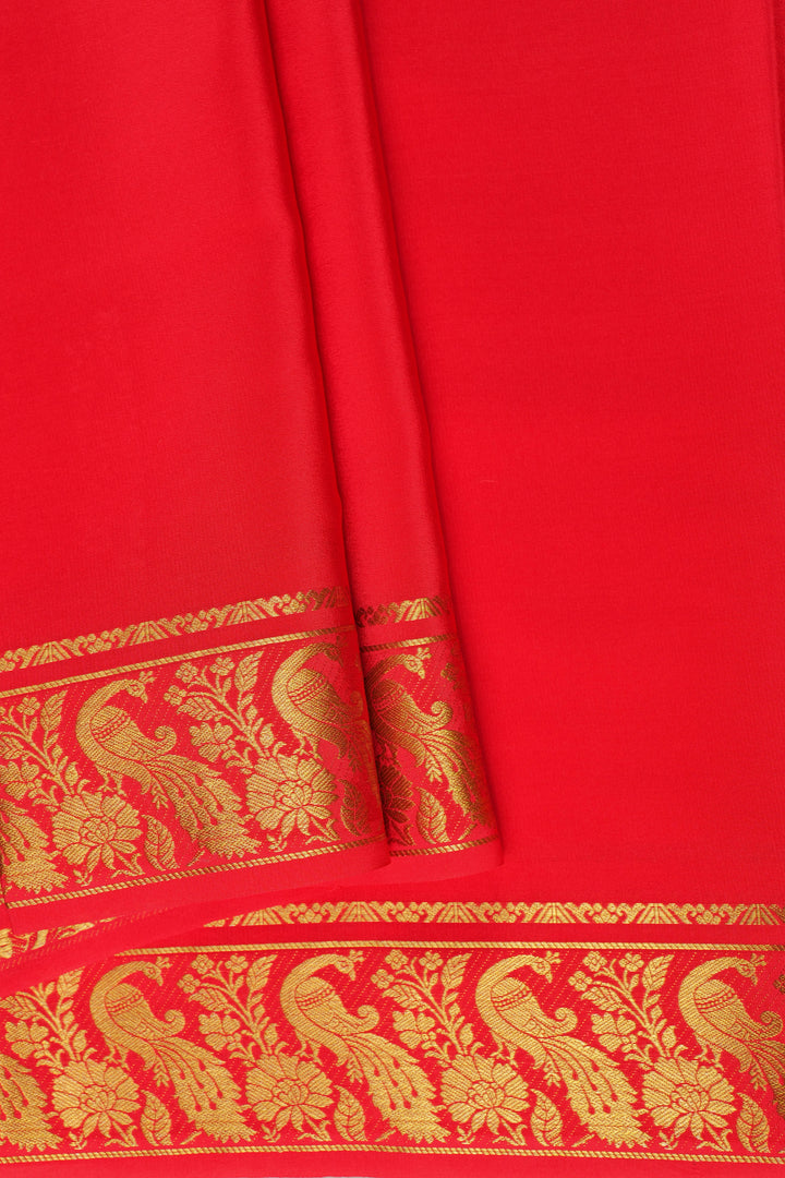 Red Color Pure Gold Lace Mysore silk saree with Peacock gold border with self Blouse