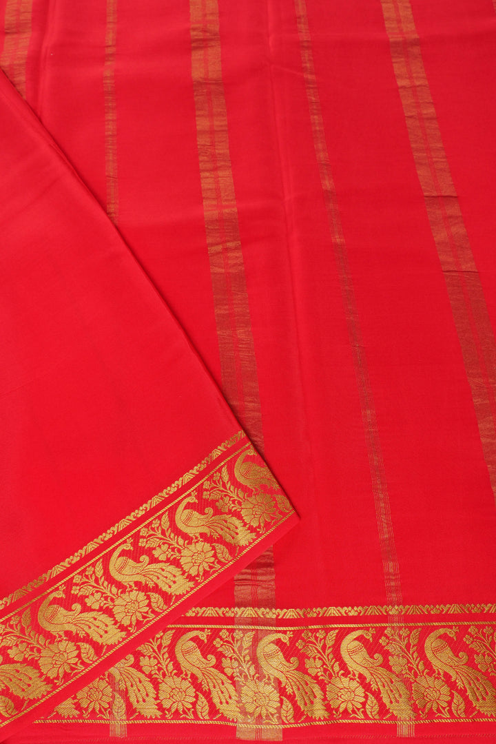 Red Color Pure Gold Lace Mysore silk saree with Peacock gold border with self Blouse