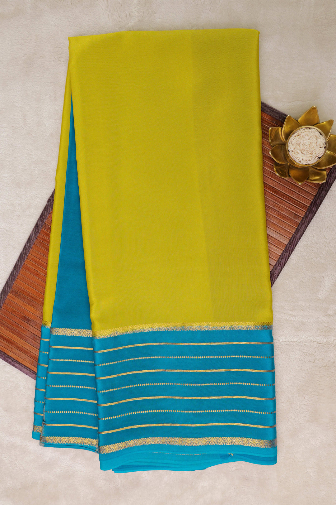 Lines Border Pure Gold Lace Mysore Silk Saree in Green and Blue with Contrast Blouse