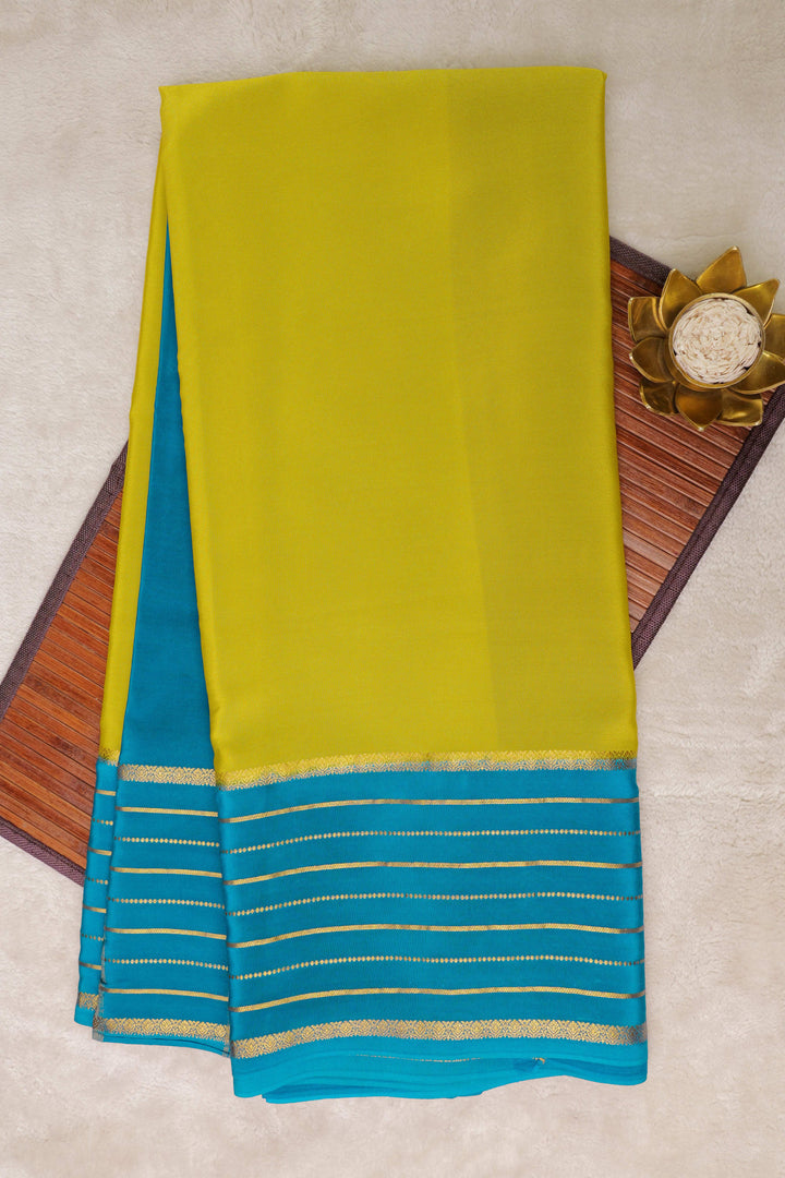 Lines Border Pure Gold Lace Mysore Silk Saree in Green and Blue with Contrast Blouse