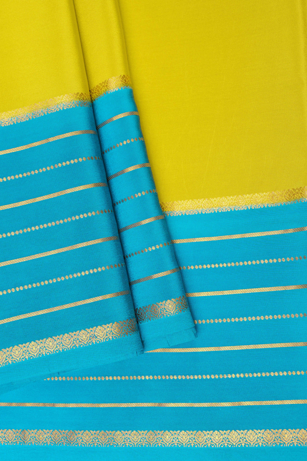 Lines Border Pure Gold Lace Mysore Silk Saree in Green and Blue with Contrast Blouse