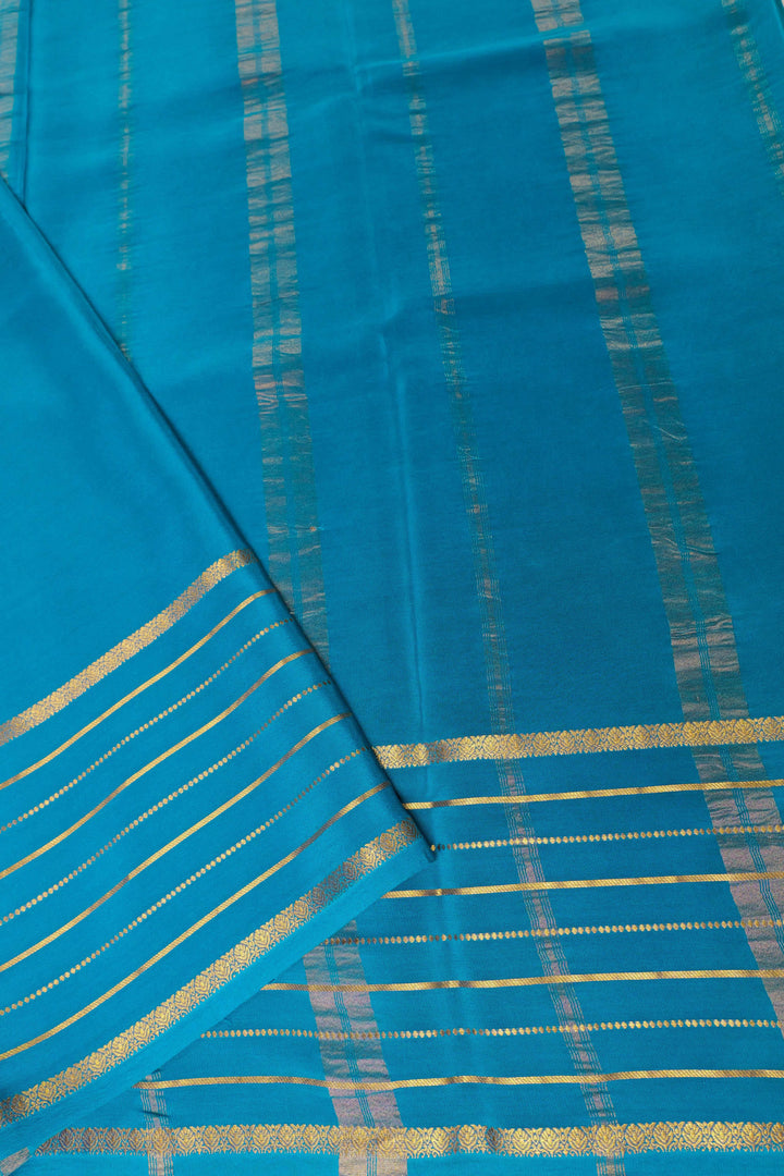 Lines Border Pure Gold Lace Mysore Silk Saree in Green and Blue with Contrast Blouse