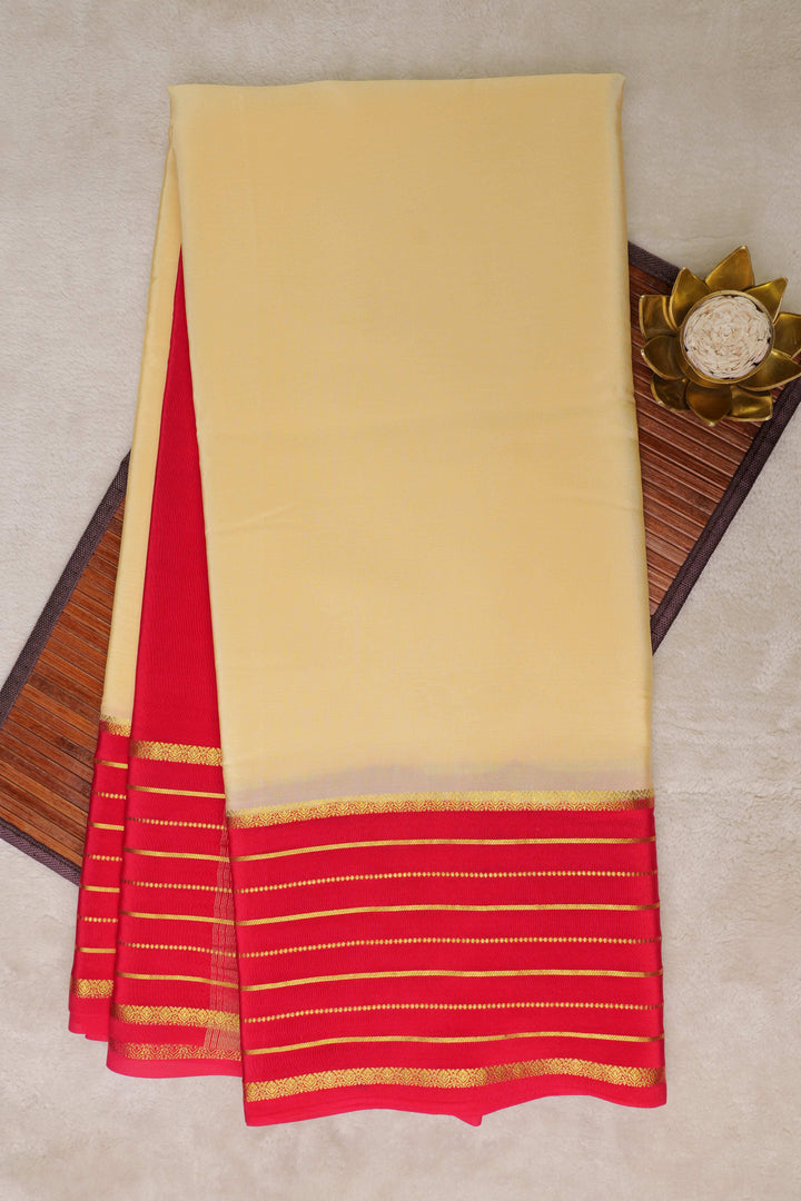 Lines Border Pure Gold Lace Mysore Silk Saree in White and Orange with Contrast Blouse