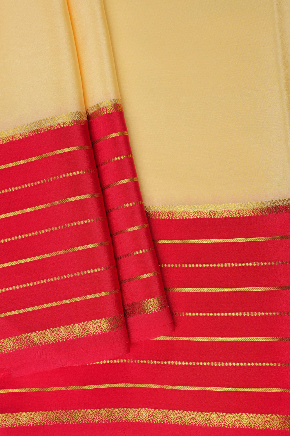Lines Border Pure Gold Lace Mysore Silk Saree in White and Orange with Contrast Blouse