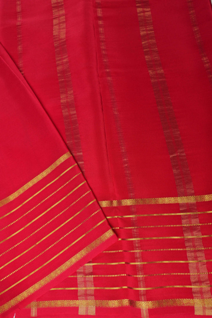 Lines Border Pure Gold Lace Mysore Silk Saree in White and Orange with Contrast Blouse