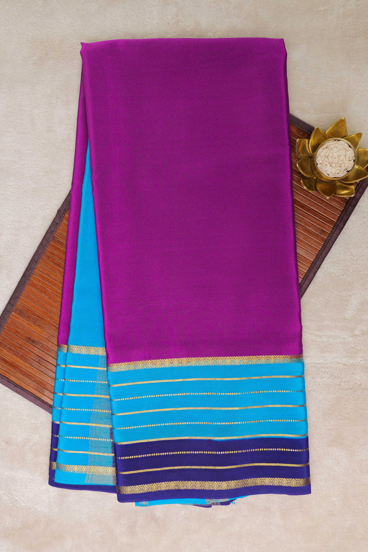 Lines Border 3D Pure Gold Lace Mysore Silk Saree in Pink and Blue with Contrast Blouse