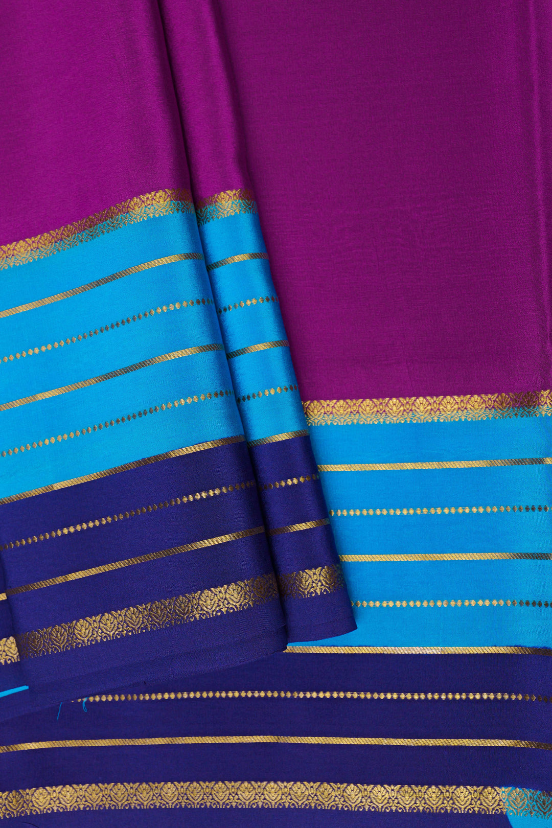 Lines Border 3D Pure Gold Lace Mysore Silk Saree in Pink and Blue with Contrast Blouse