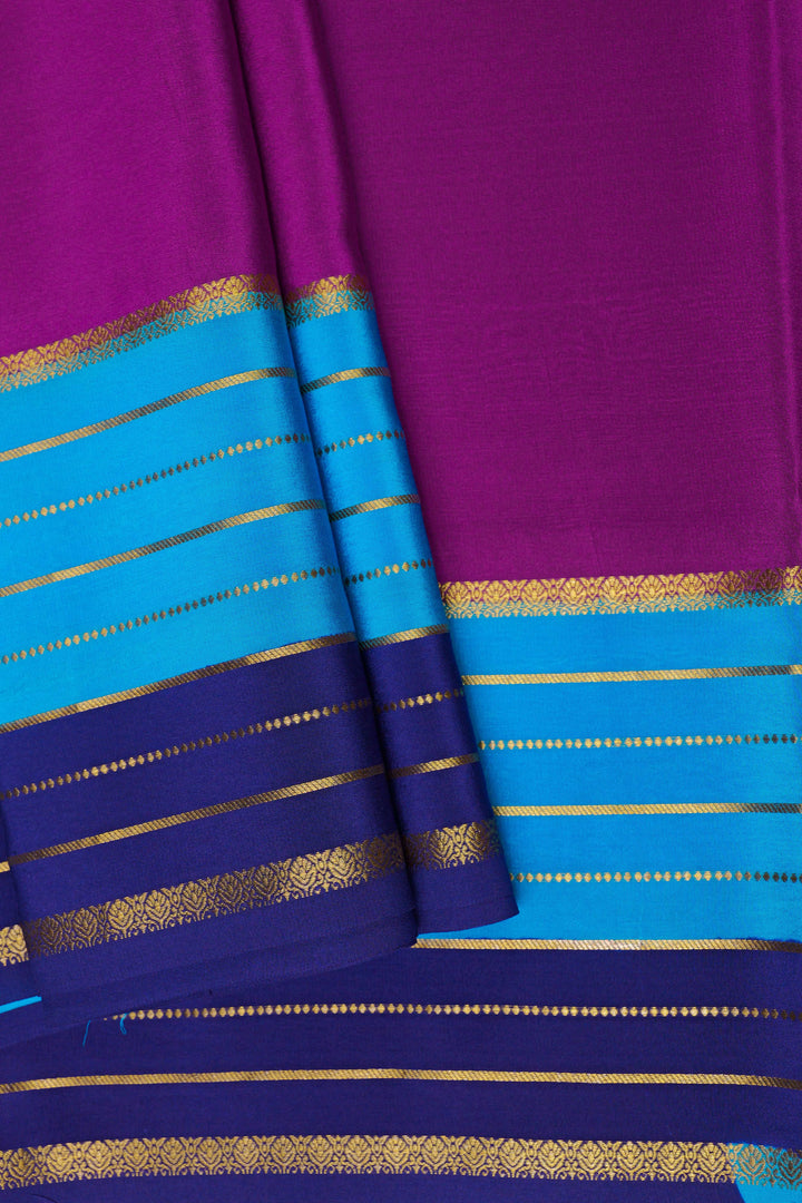 Lines Border 3D Pure Gold Lace Mysore Silk Saree in Pink and Blue with Contrast Blouse