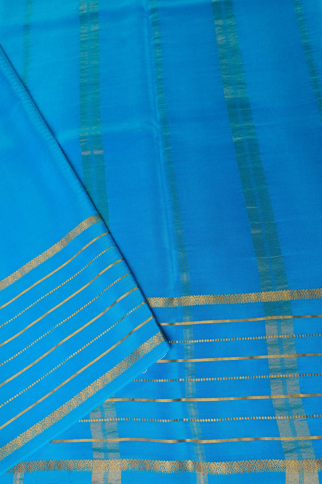 Lines Border 3D Pure Gold Lace Mysore Silk Saree in Pink and Blue with Contrast Blouse