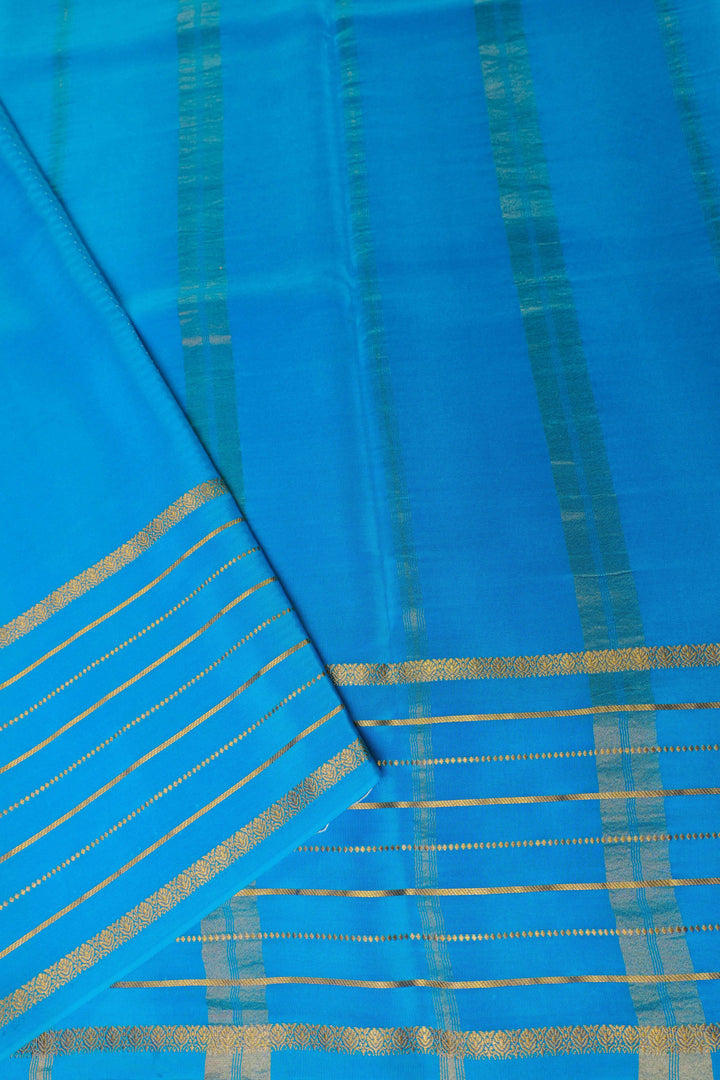 Lines Border 3D Pure Gold Lace Mysore Silk Saree in Pink and Blue with Contrast Blouse