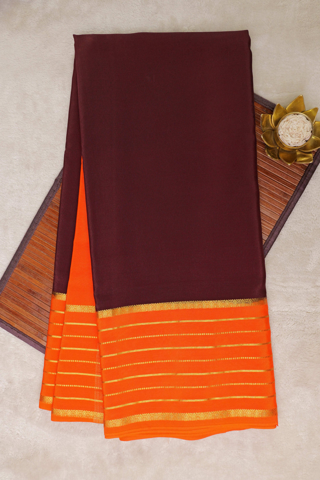Lines Border Pure Gold Lace Mysore Silk Saree in Marron and Orange with Contrast Blouse
