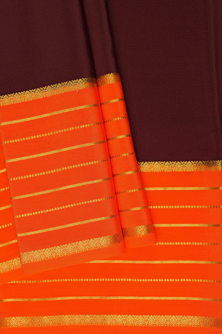 Lines Border Pure Gold Lace Mysore Silk Saree in Marron and Orange with Contrast Blouse