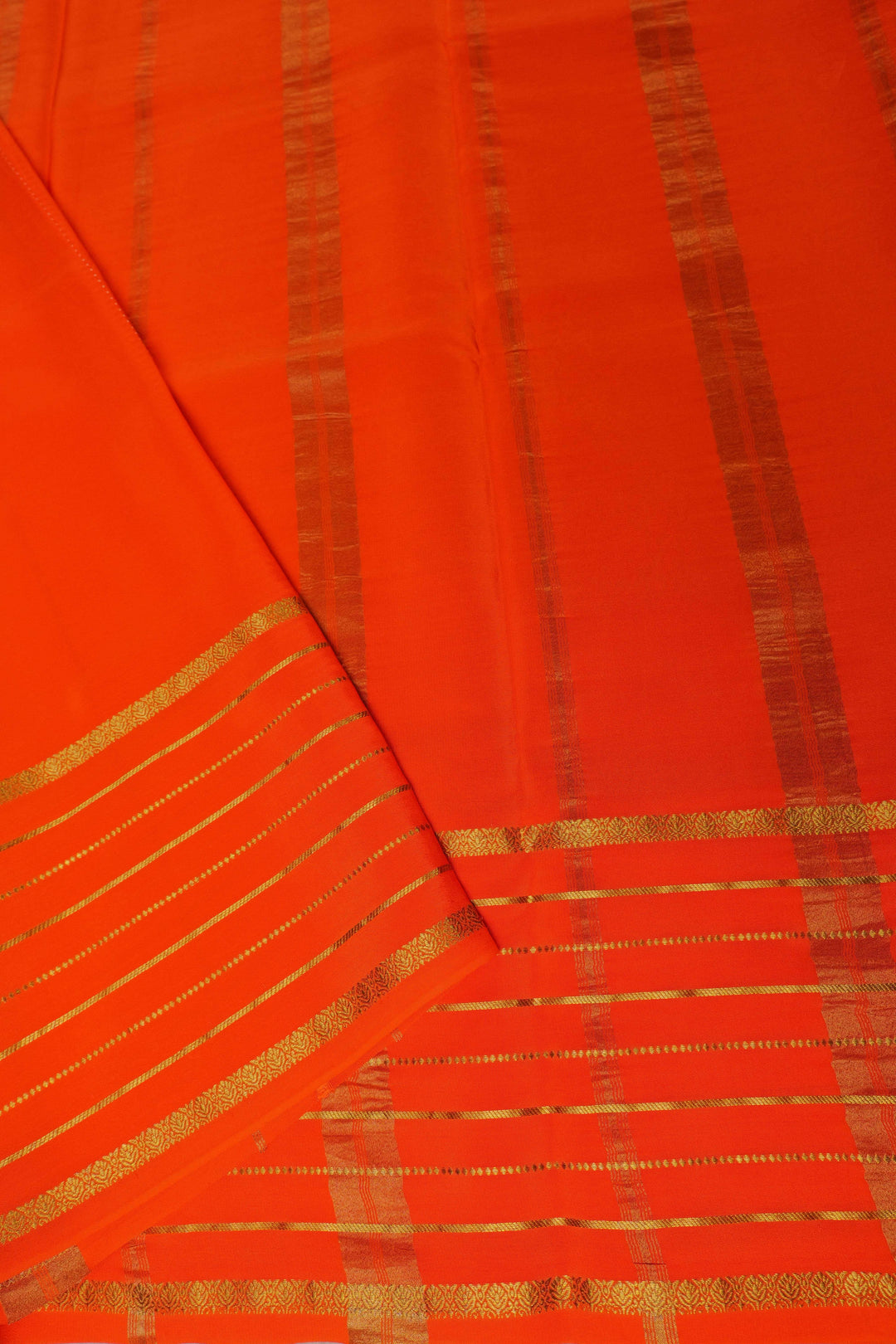 Lines Border Pure Gold Lace Mysore Silk Saree in Marron and Orange with Contrast Blouse