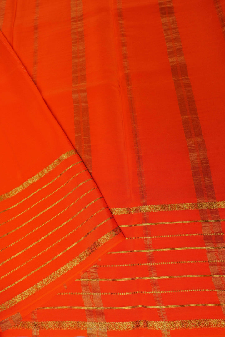 Lines Border Pure Gold Lace Mysore Silk Saree in Marron and Orange with Contrast Blouse