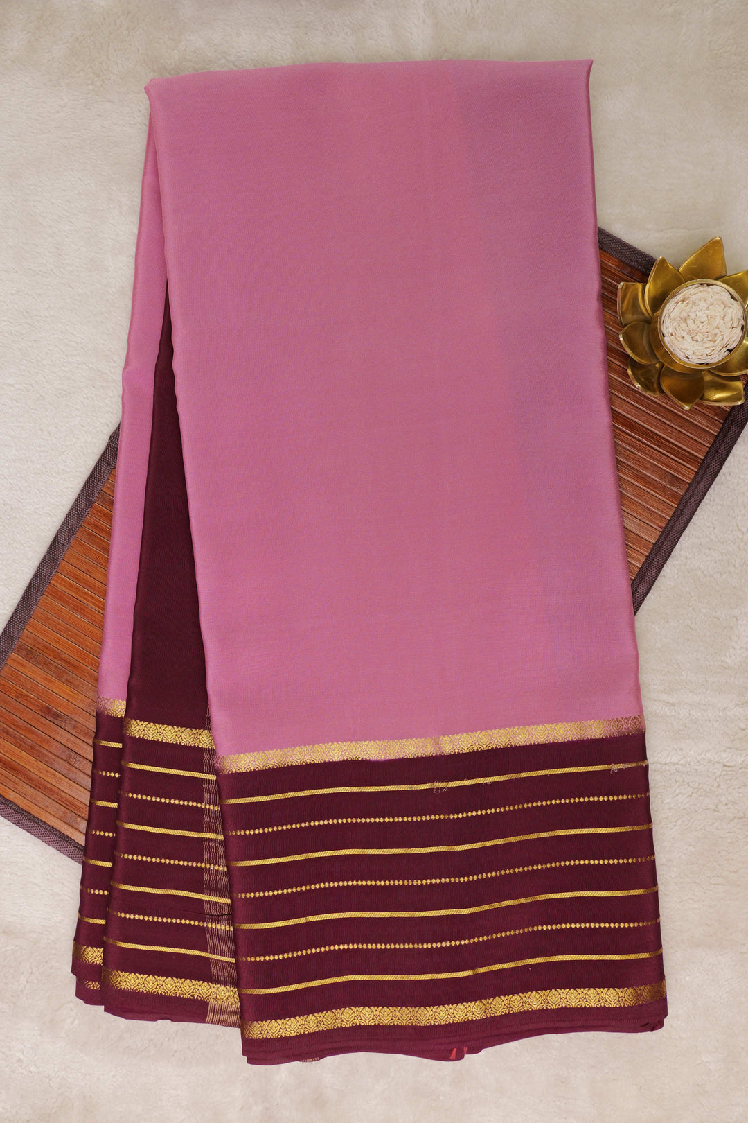 Lines Border Pure Gold Lace Mysore Silk Saree in Pink and Marron with Contrast Blouse