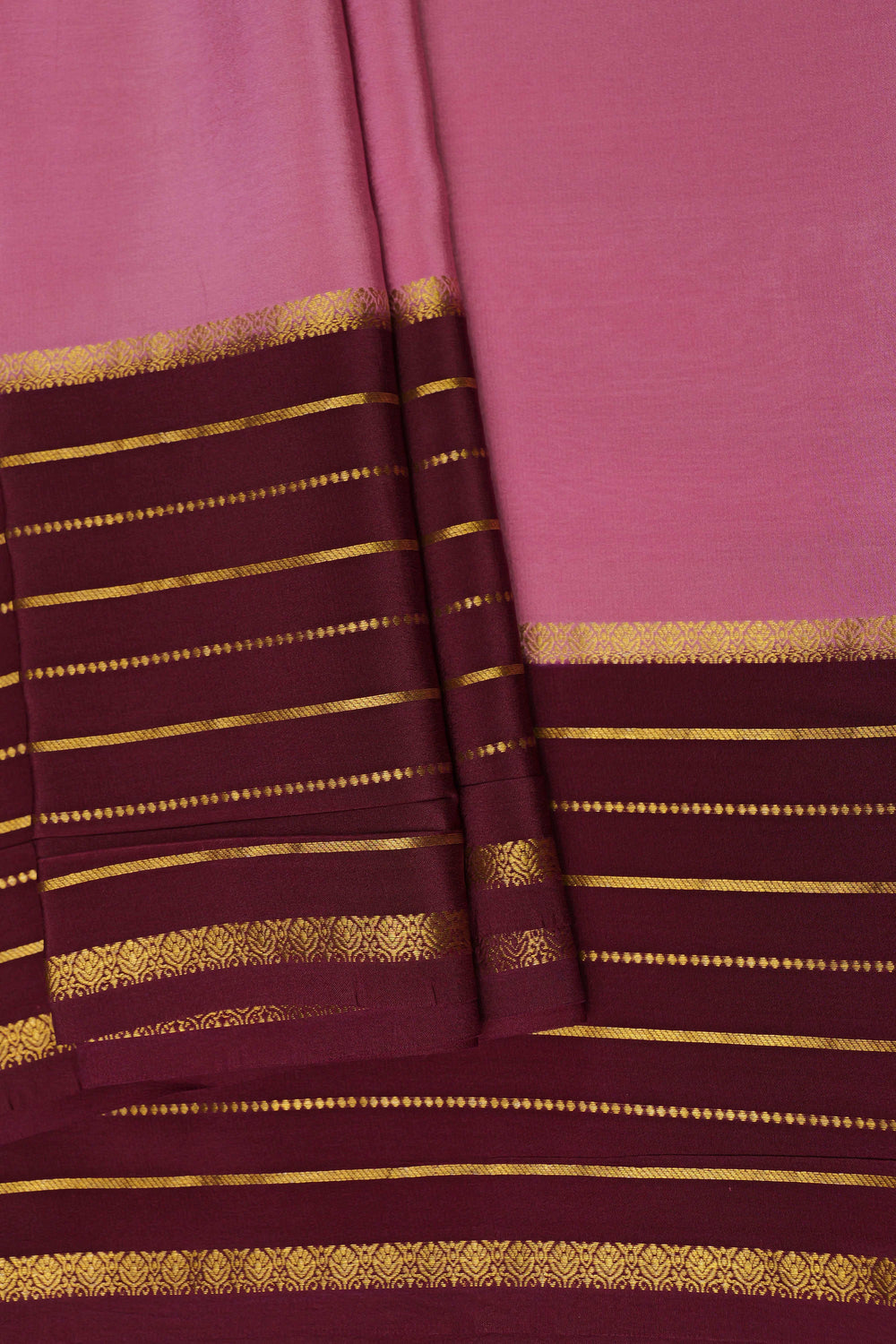 Lines Border Pure Gold Lace Mysore Silk Saree in Pink and Marron with Contrast Blouse