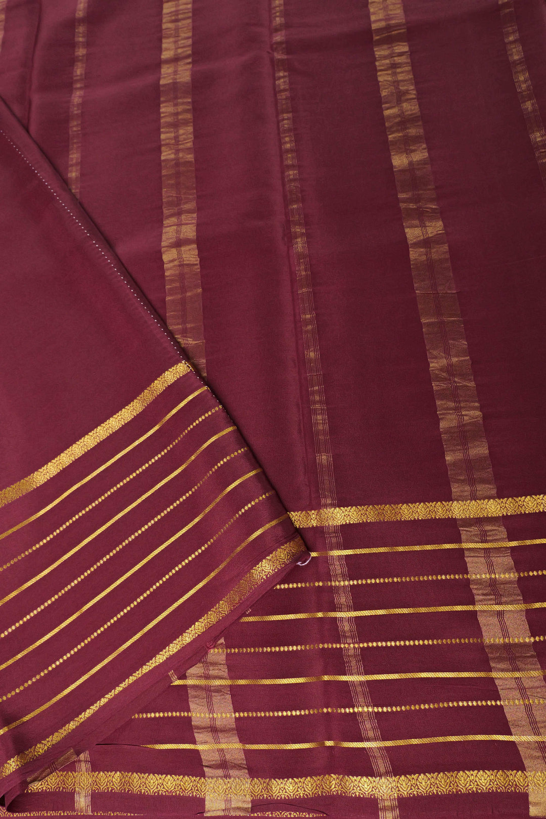 Lines Border Pure Gold Lace Mysore Silk Saree in Pink and Marron with Contrast Blouse
