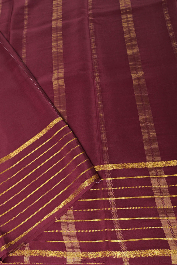 Lines Border Pure Gold Lace Mysore Silk Saree in Pink and Marron with Contrast Blouse