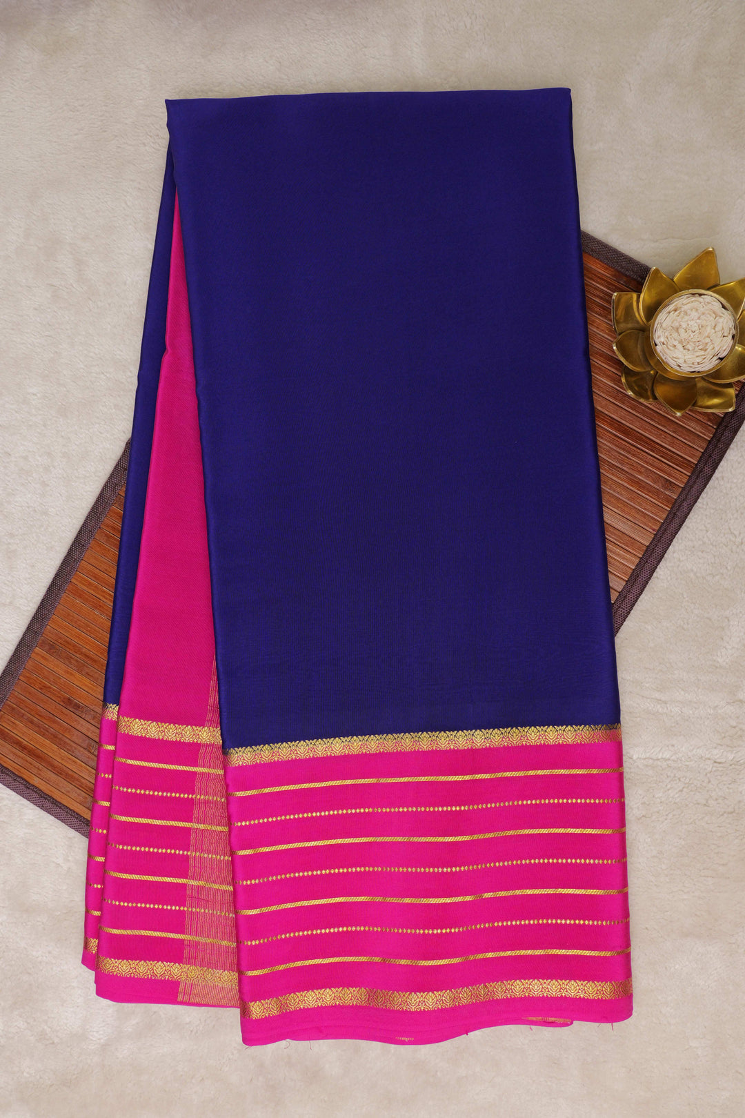 Lines Border Pure Gold Lace Mysore Silk Saree in Blue and Pink with Contrast Blouse