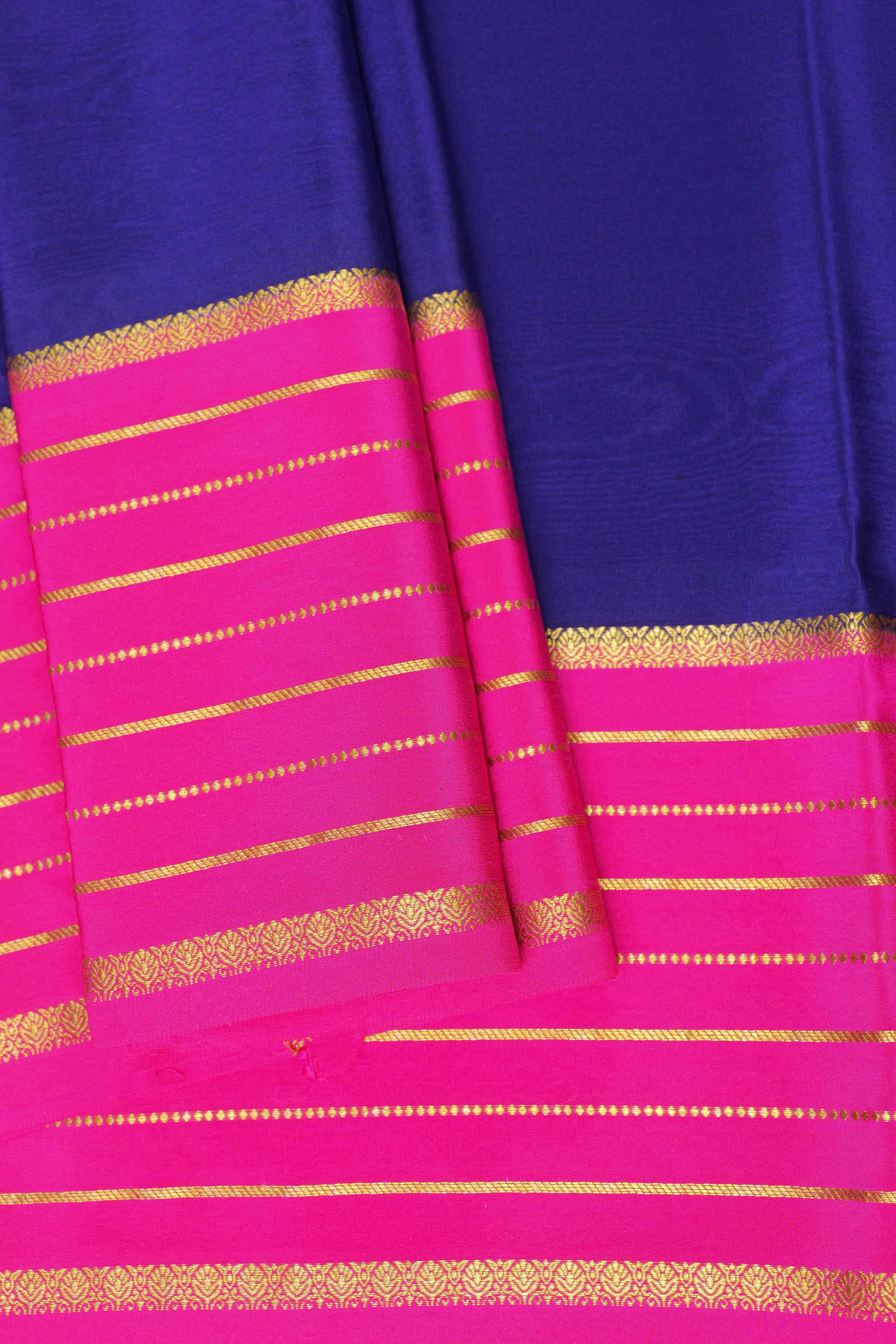 Lines Border Pure Gold Lace Mysore Silk Saree in Blue and Pink with Contrast Blouse
