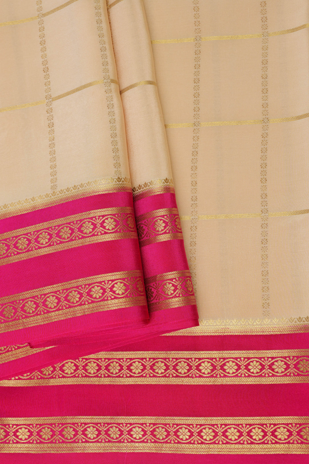 Off-White checks Pure Gold Lace Mysore Silk Saree in Pink with Bentex Border and Contrast Blouse