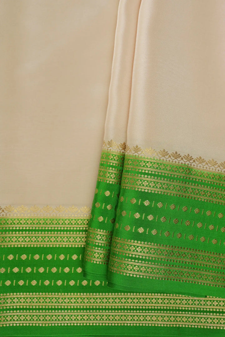Dotted Butta Border Pure Mysore Silk Saree in White and Green Color with Contrast Green Blouse