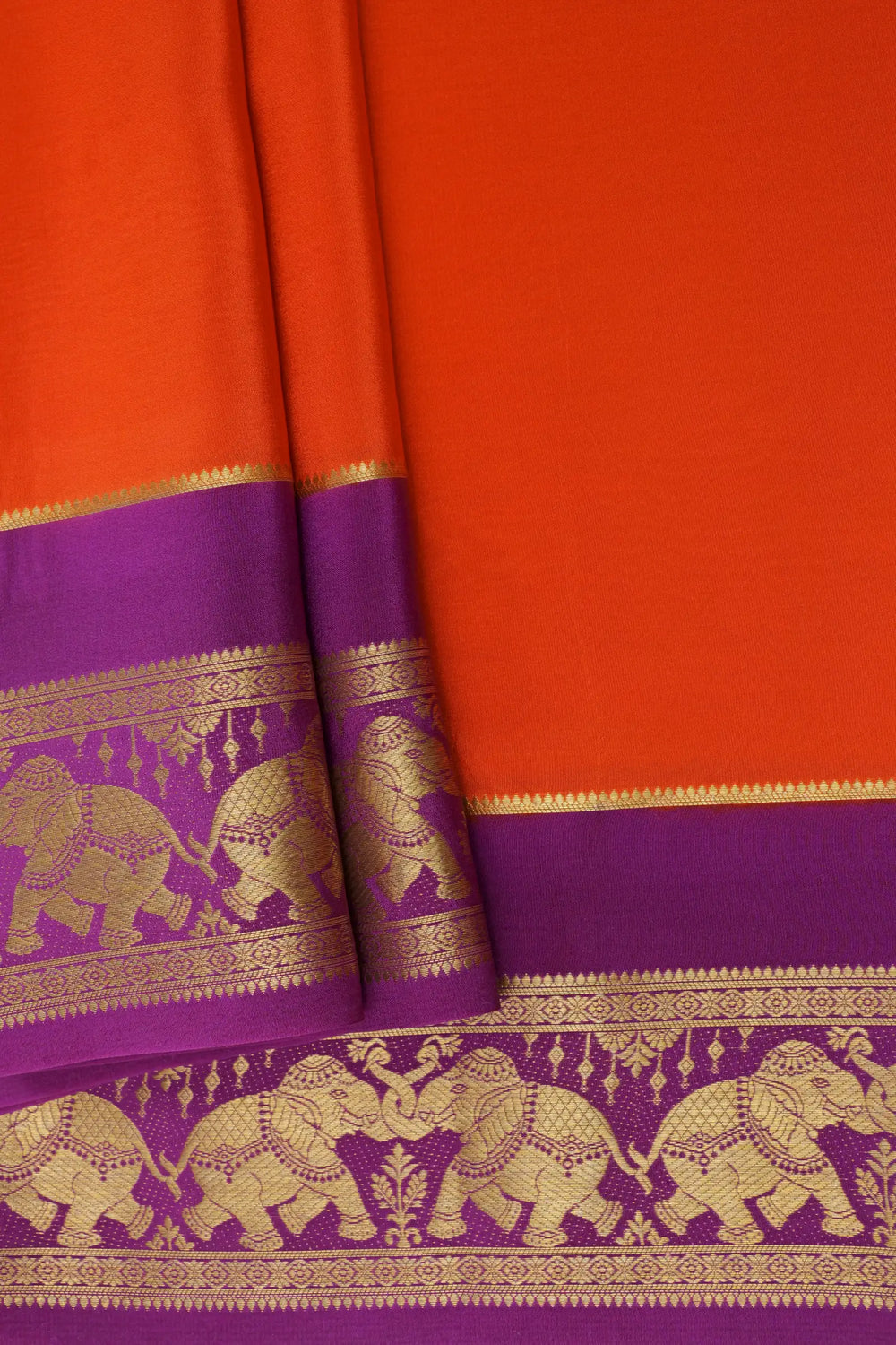  Mysore Crepe Silk Saree in Orange and Purple Color with Elephant Border