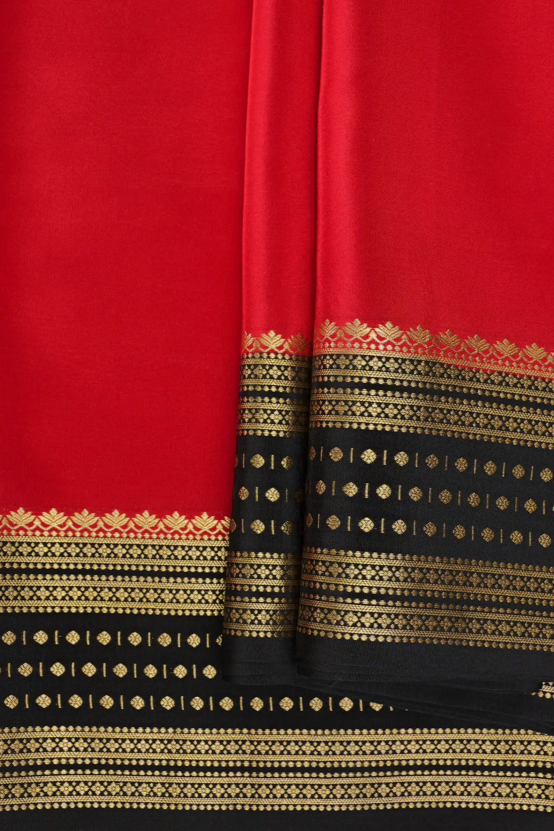  Mysore Crepe Silk Saree in Red and Black Color with Dotted Butta Border
