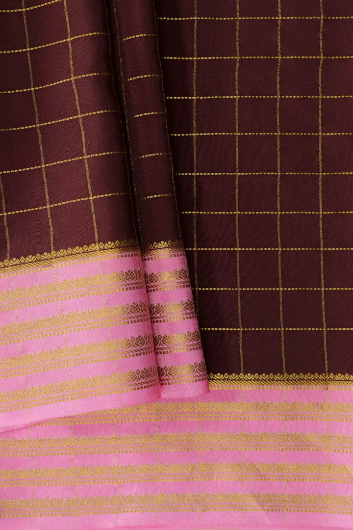 Mysore Silk Saree Brown with Pink Golden Zari Border