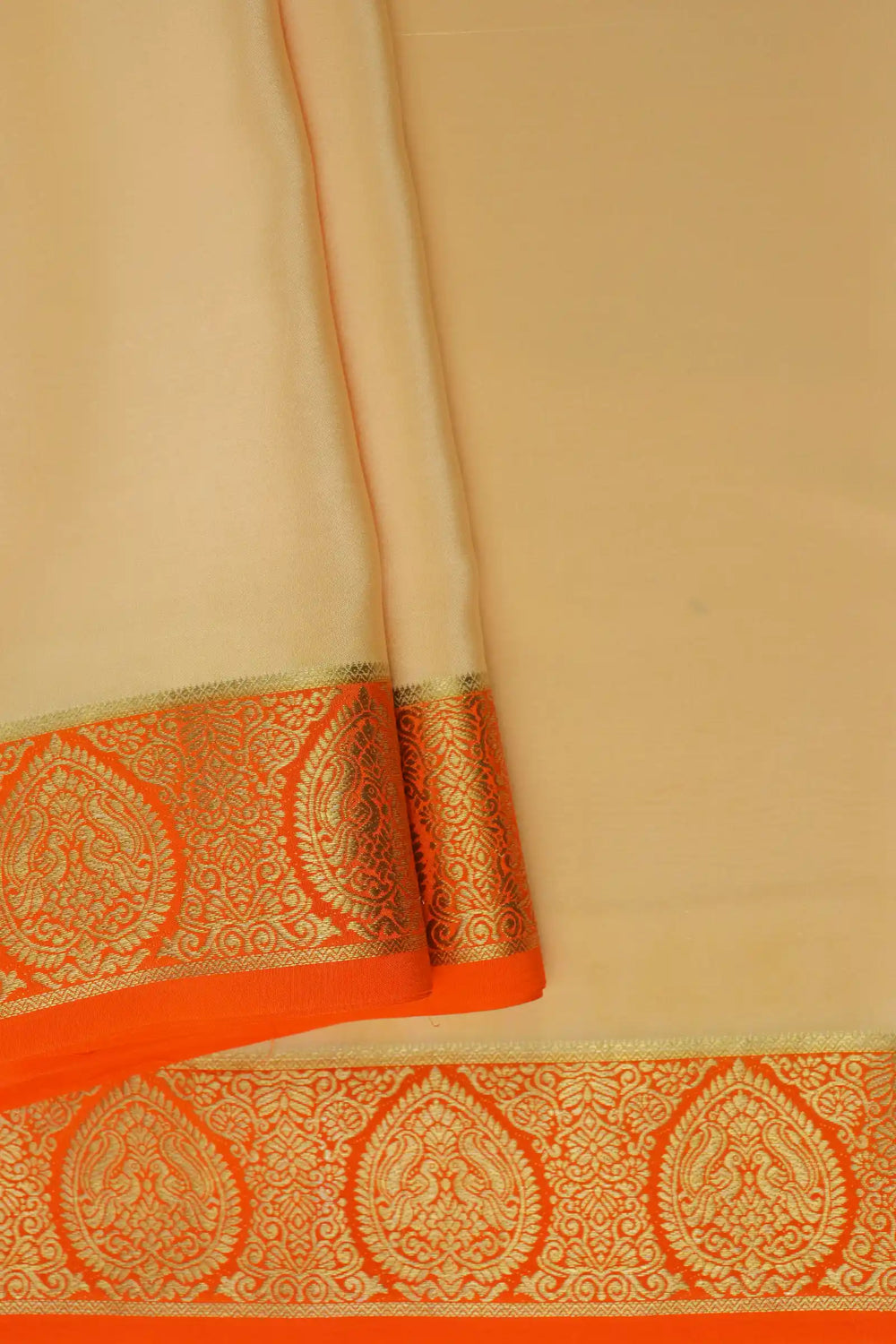 Mysore Silk Saree Cream Color with Orange and Gold Border Work