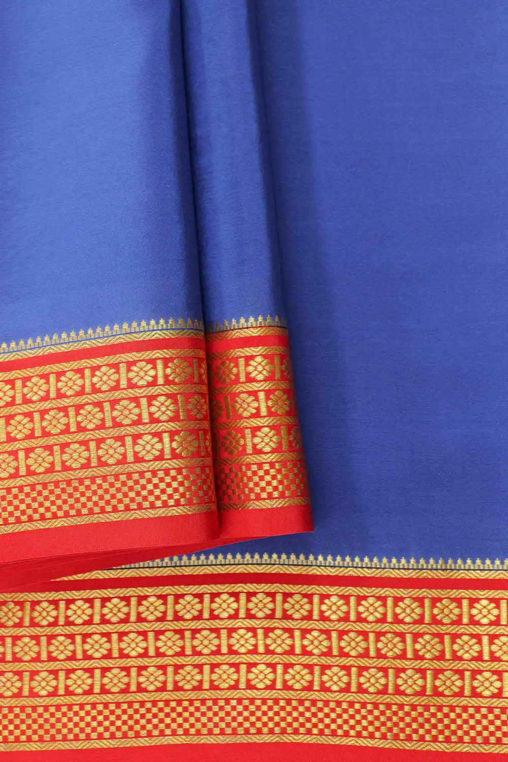 Mysore Silk Saree Deep Blue with Bright Red and Gold Border