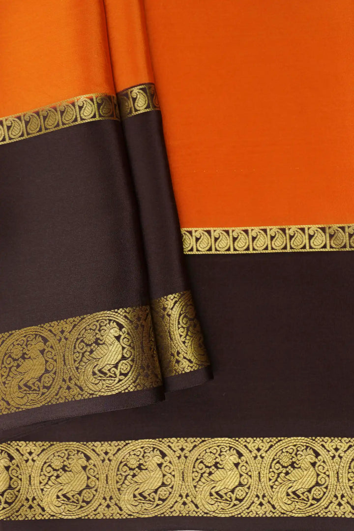  Mysore Silk Saree In Orange And Black with Peacock Border 