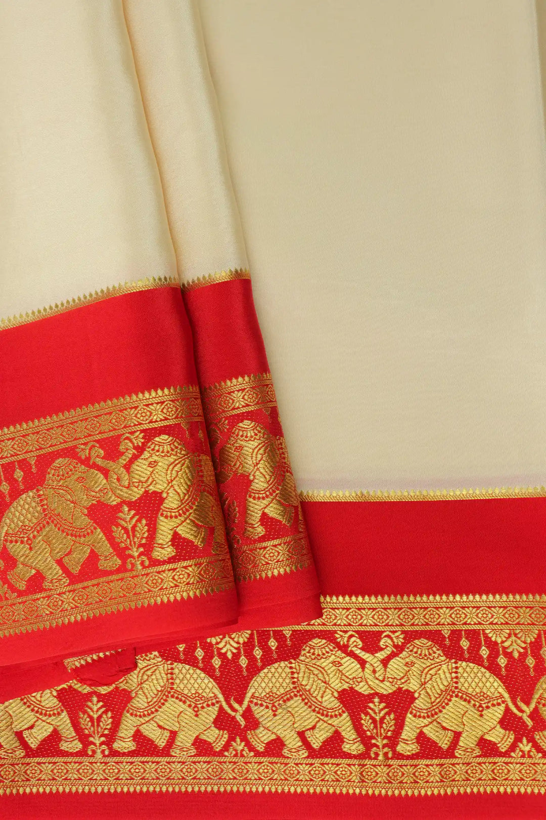 Mysore Silk Saree Light Cream Color with Red and Elephant patterns