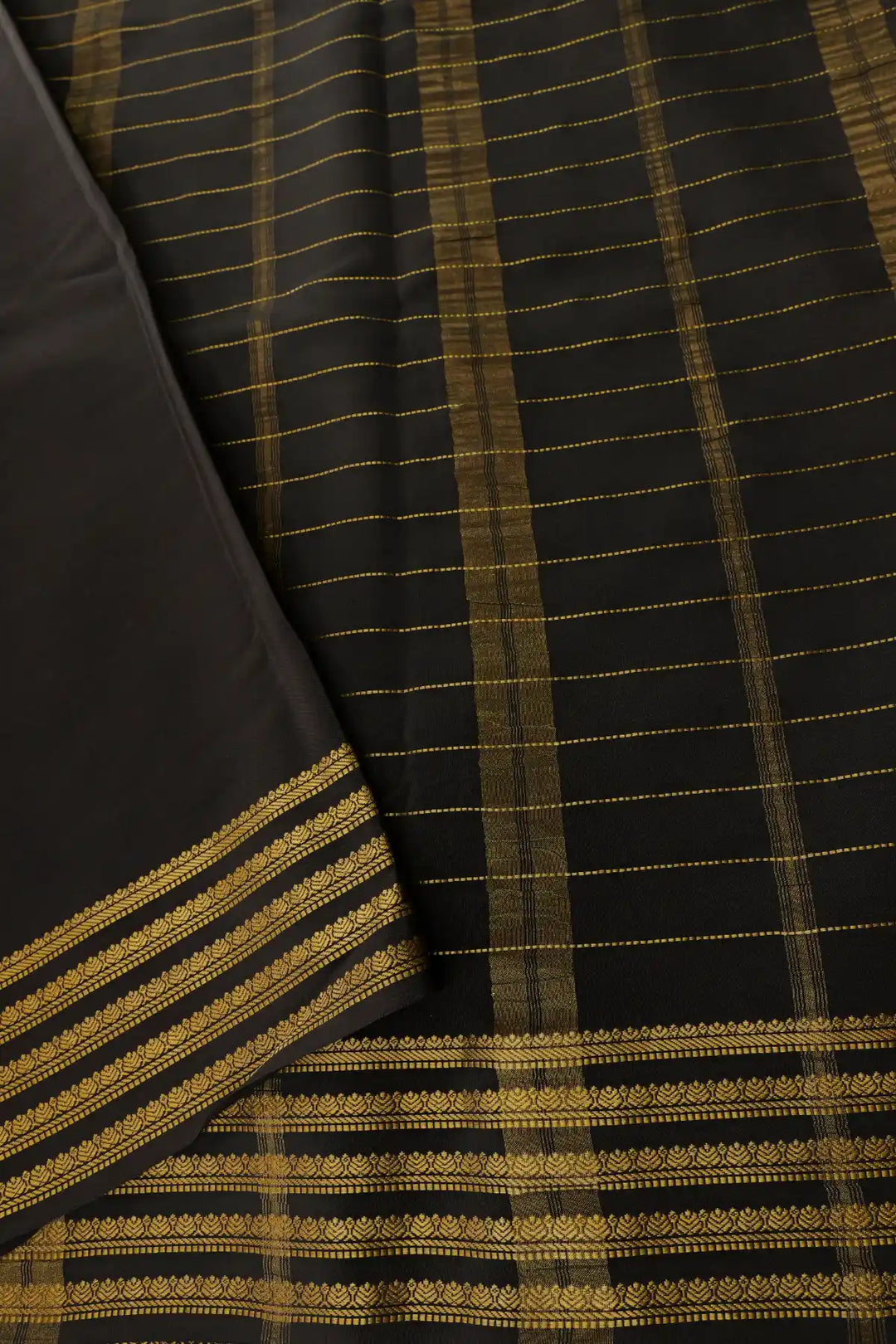 Mysore Silk Saree Red Color Black Gold Striped Border