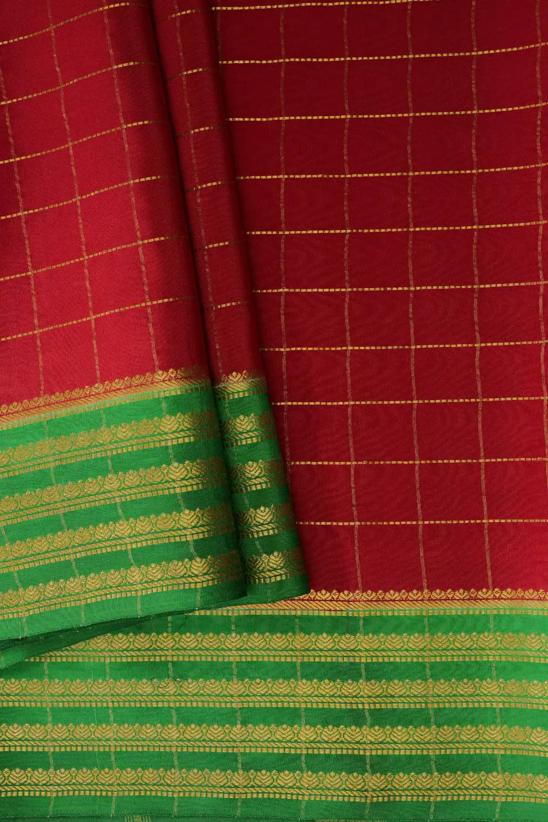 Mysore Silk Saree Red Color Green Gold Border Design
