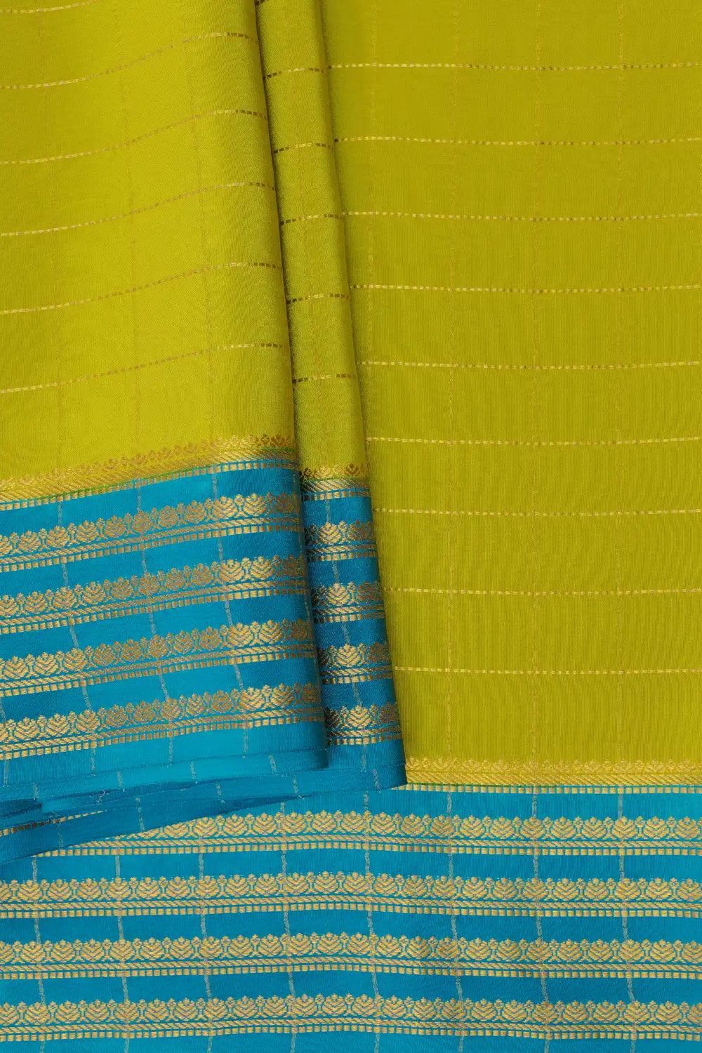 Mysore Silk Saree Yellow Color Blue Gold Border Design