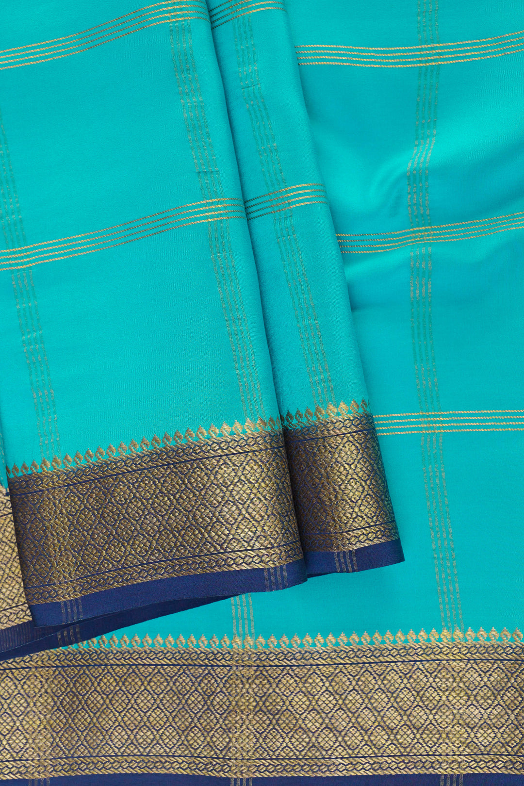 Mysore Silk Saree in Aqua Blue with Golden Work and Dark Blue Border