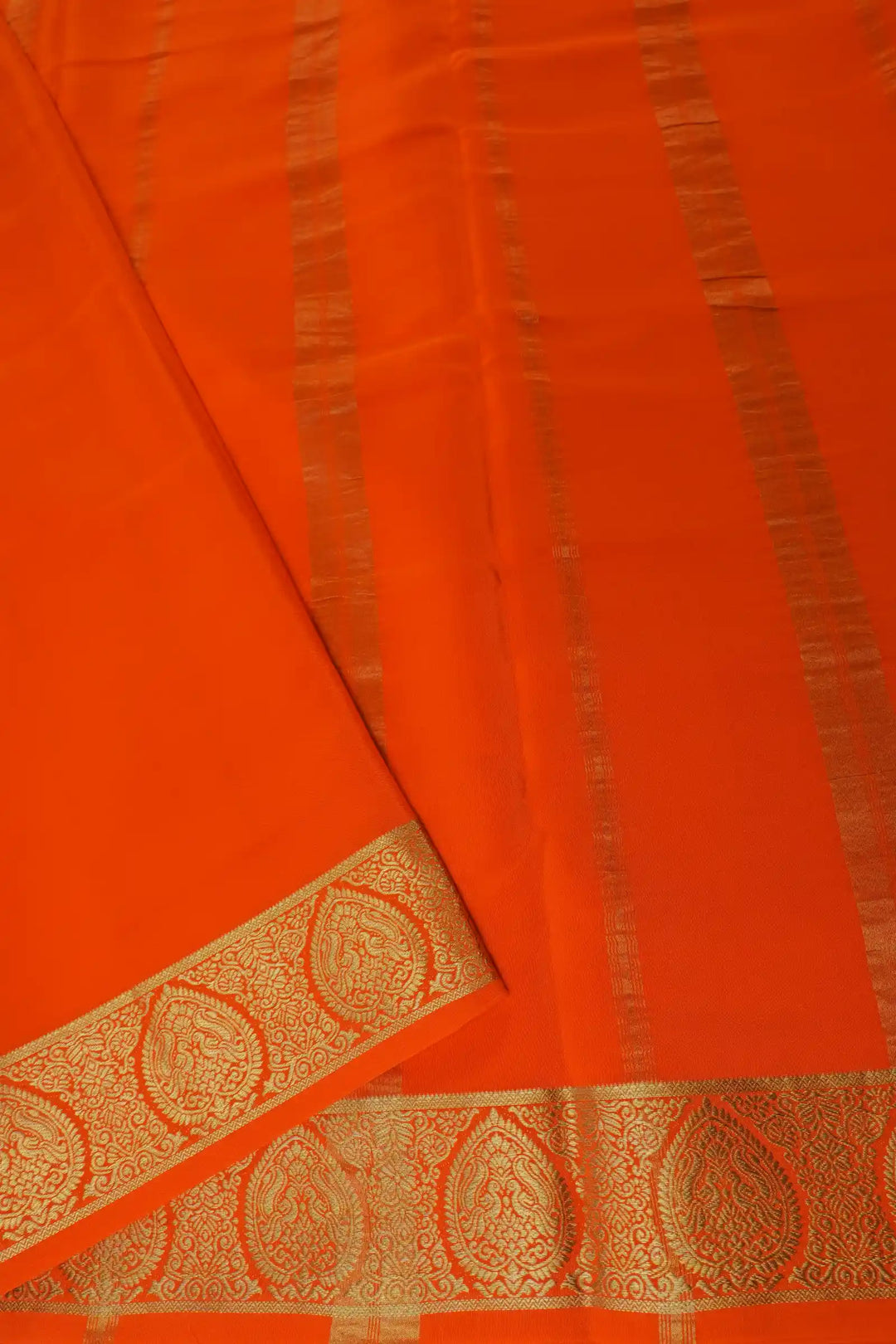 Mysore Silk Saree in Beige with Orange Pallu and Gold Lace Work