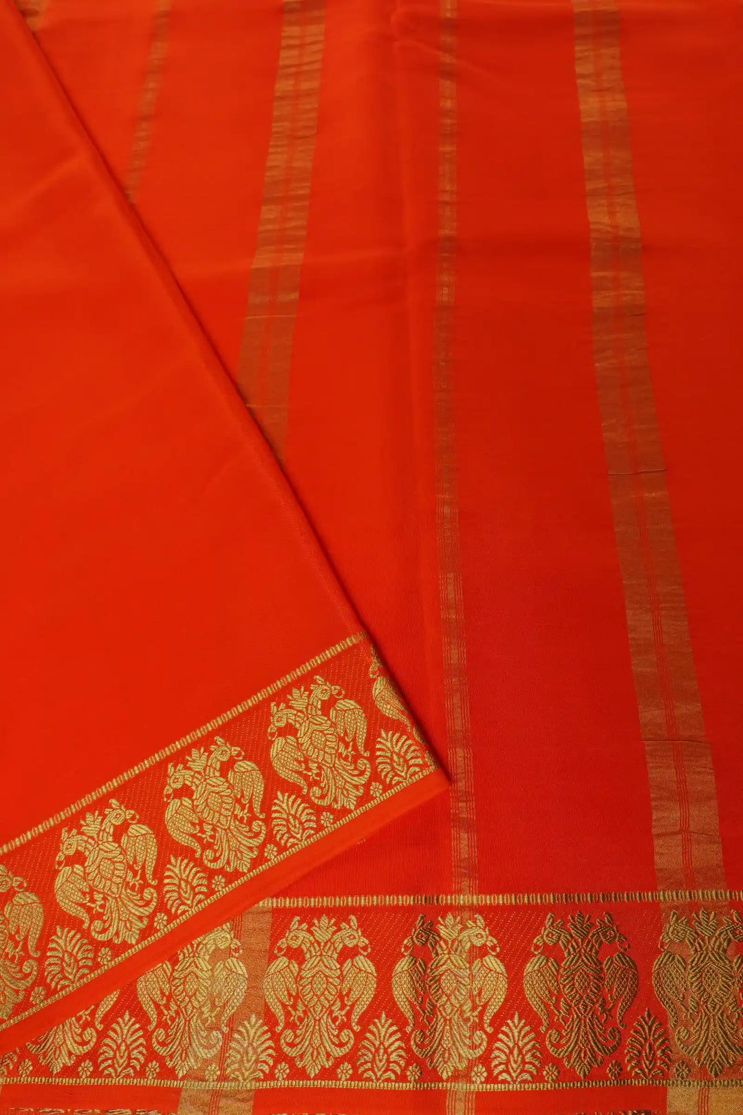 Mysore Silk Saree in Beige with Orange Pallu and gandaberunda border