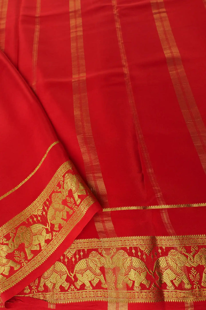 Mysore Silk Saree in Beige with Red Pallu and Elephant Border