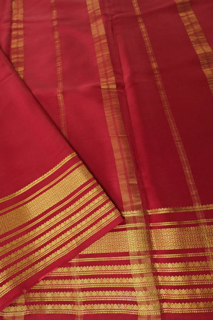 Mysore Silk Saree in Black Color with Red Pallu and Golden Lines