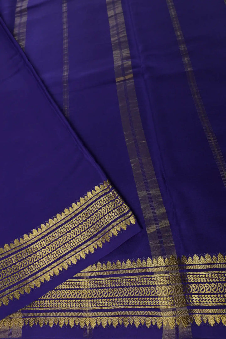 Mysore Silk Saree in Blue Color with Purple Pallu and Golden Design