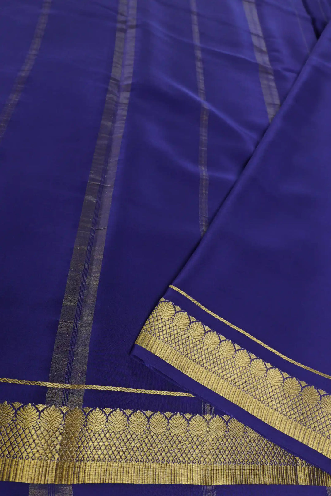 Mysore Silk Saree in Blue with Deep Blue Pallu and Gold Lace Work
