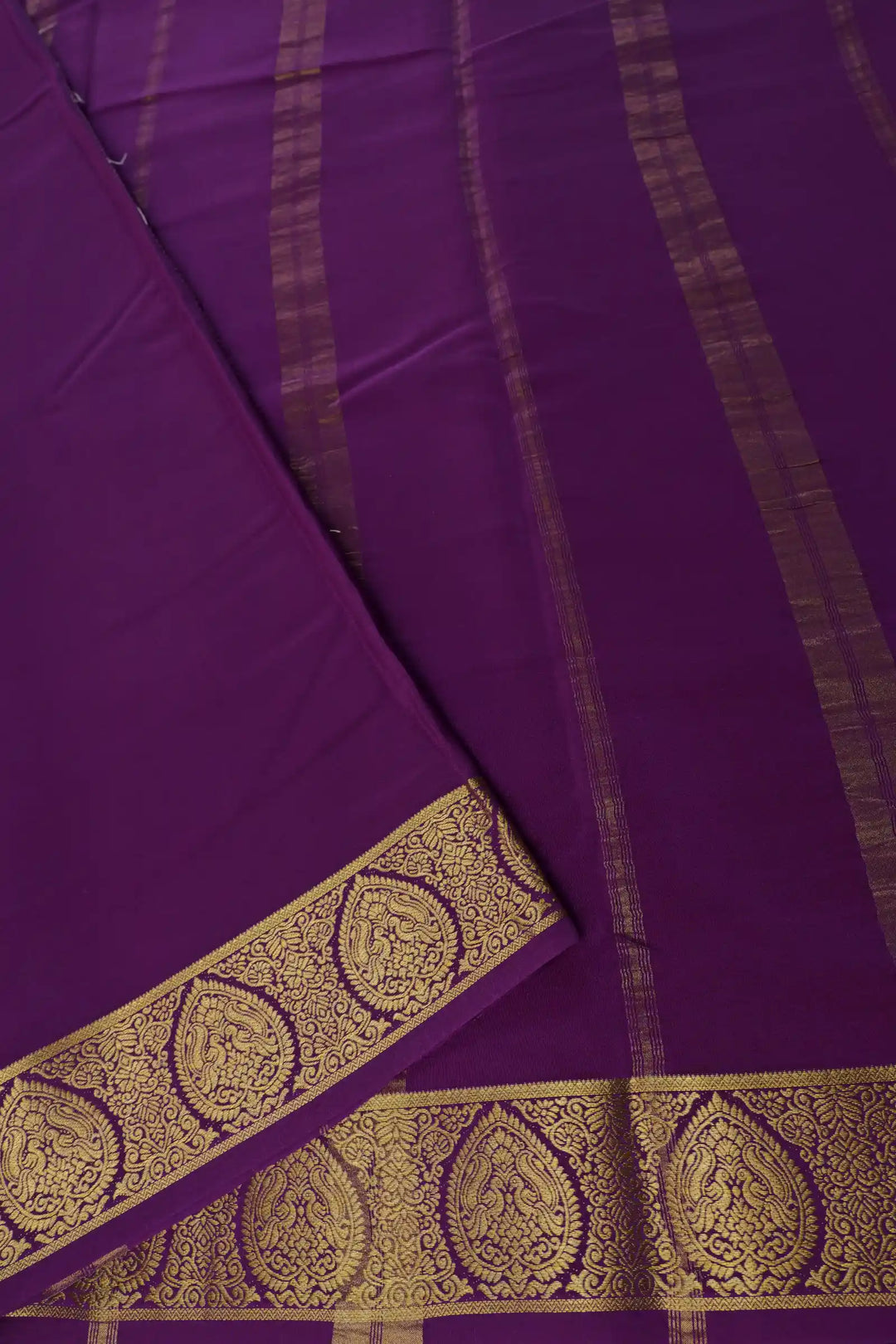 Mysore Silk Saree in Bright Green with Purple Pallu and Gold Lace Work