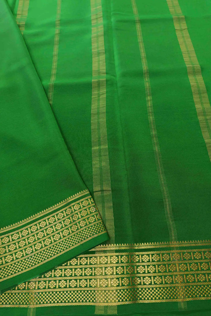 Mysore Silk Saree in Dark Blue with Green Pallu and Golden Design